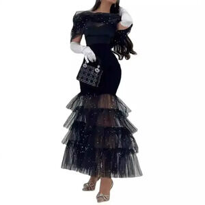 Black Sequin Mesh Bodycon Maxi Dress Mid Waist Cinched Office Chic